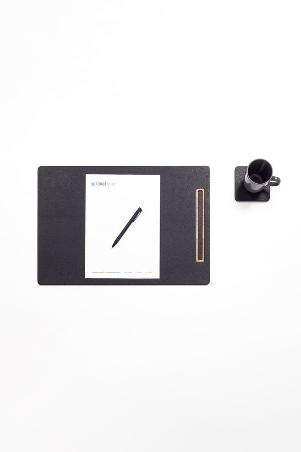 Leather Meeting Desk Black Vertical Wooden Detail 49x34cm